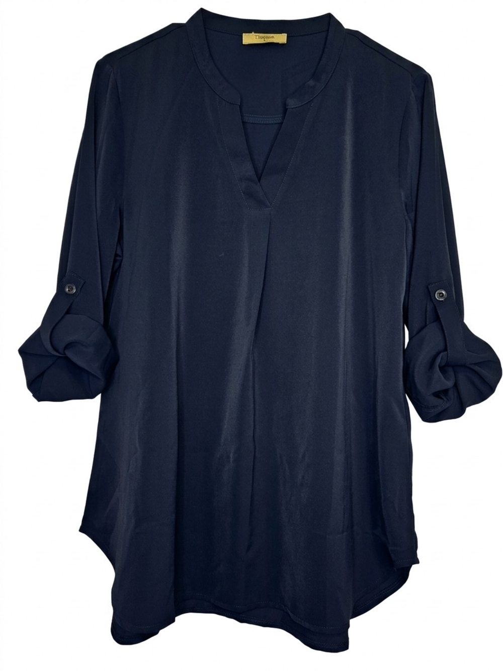 Timeson Sheer Navy V-Neck Roll Sleeve Tunic Lightweight Business Casual Office